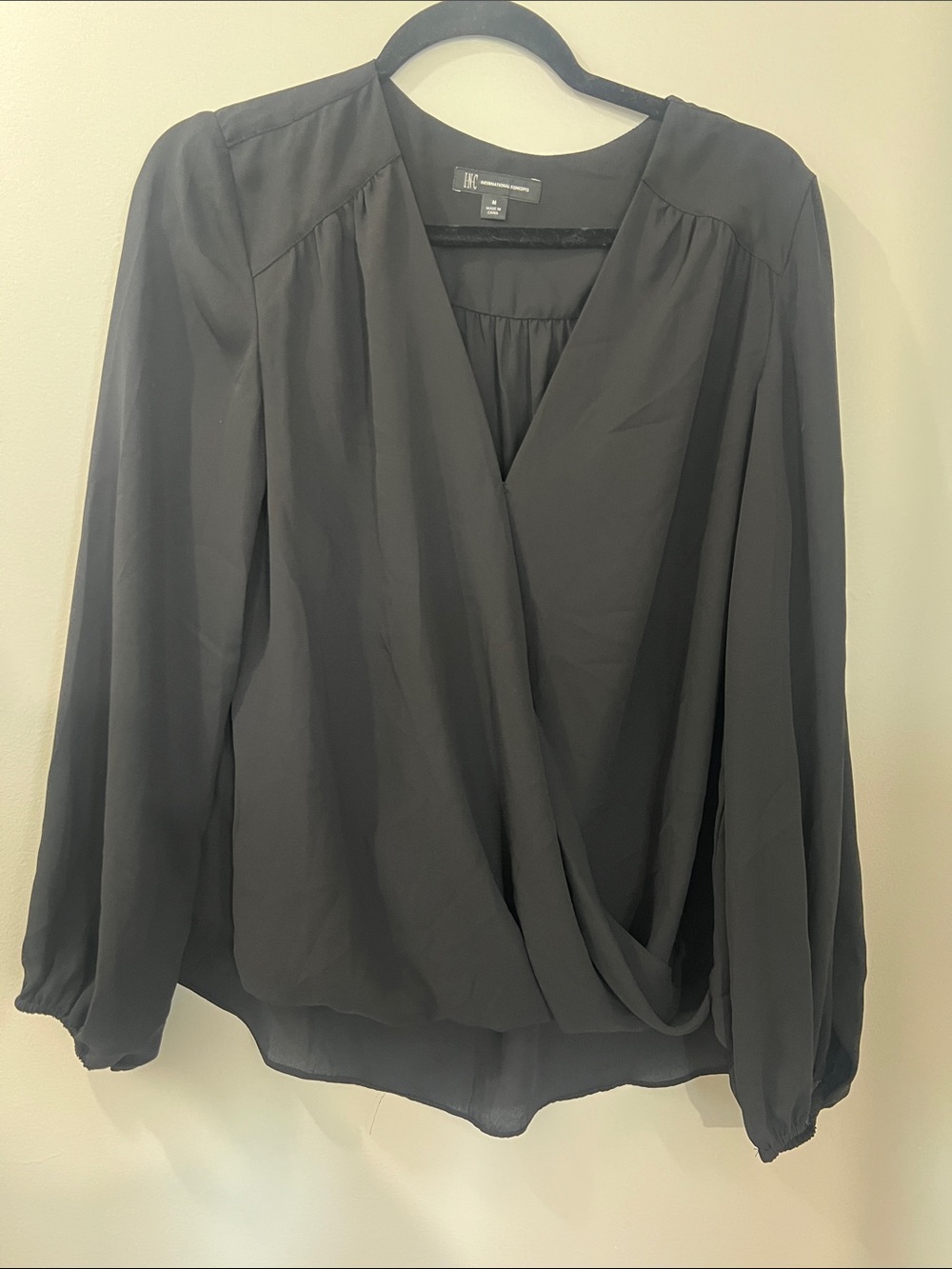 INC International Concepts Black Draped Surplice Long-Sleeve Blouse